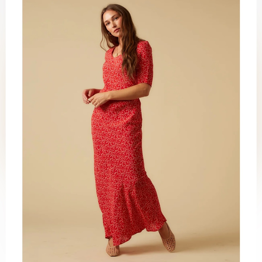 Bias cut Saskia dress, red micro Ditsy